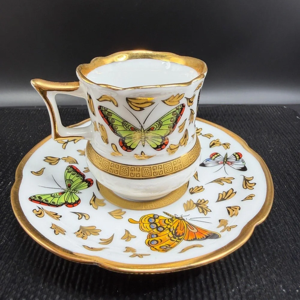 CC&T Butterfly Porcelain Espresso Cup and Saucer Set‎ Gold Gilt Trim 4 Piece